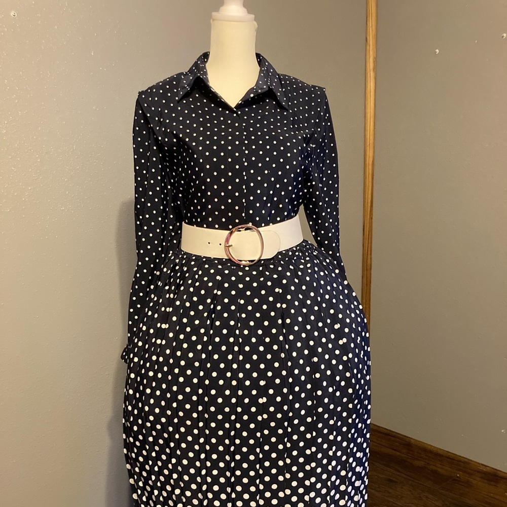 Vintage Blue Ann Travis Long Sleeved Dress - White Polka Dots